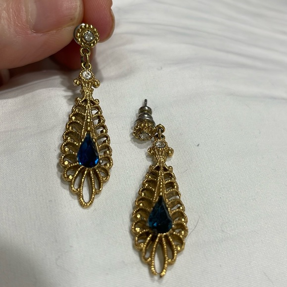 Earrings ~Gold tone with white blue crystals - Picture 2 of 5